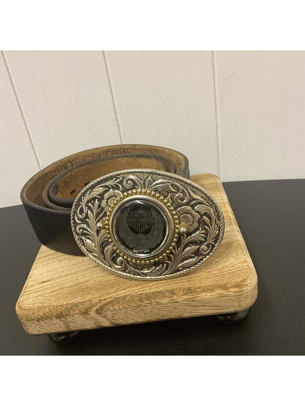 Vintage Harley-Davidson Floral Eagle Belt Buckle with Brown Leather Belt